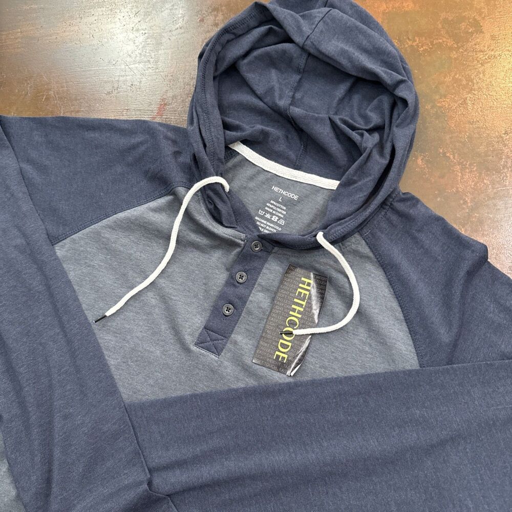 Men’s Hooded Long Sleeve Comfort Casual Long Sleeve shirt size Large Blue Hood